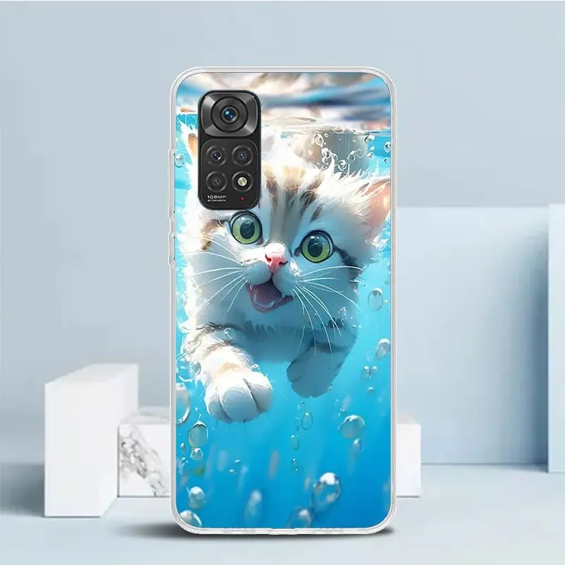 Cartoon Cute Cat Fish Aesthetic Phone Case For Xiaomi Redmi Note 13 12S 12 11S 11 11T 11E Pro Plus 10S 10 9S 9 8T 8 7 + Soft TPU