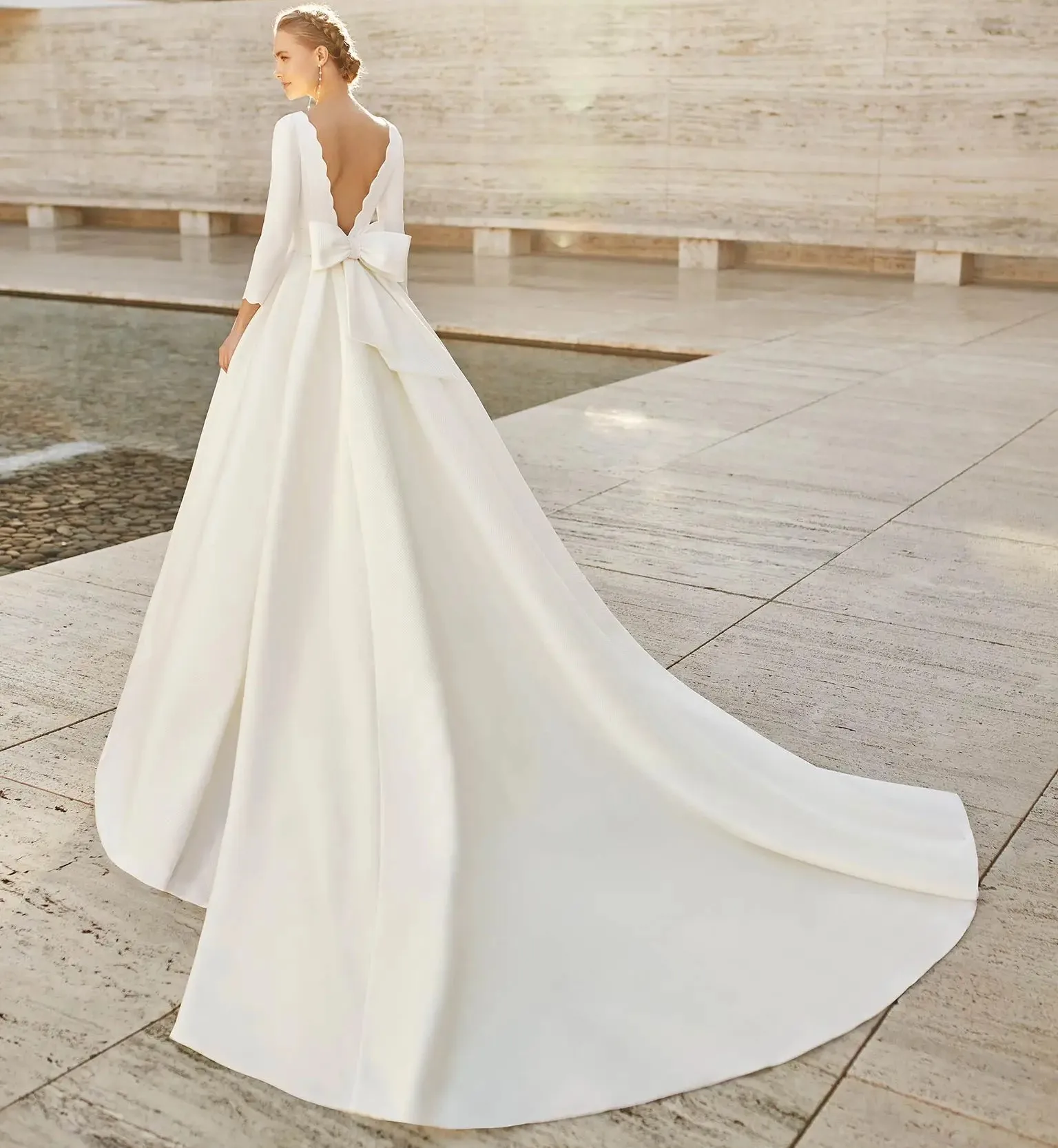 Elegant A-line Wedding Dress 2026 Scoop Long Sleeves Backless Bow Sash Satin Church Bride Bridal Gowns Vestidos De Novia