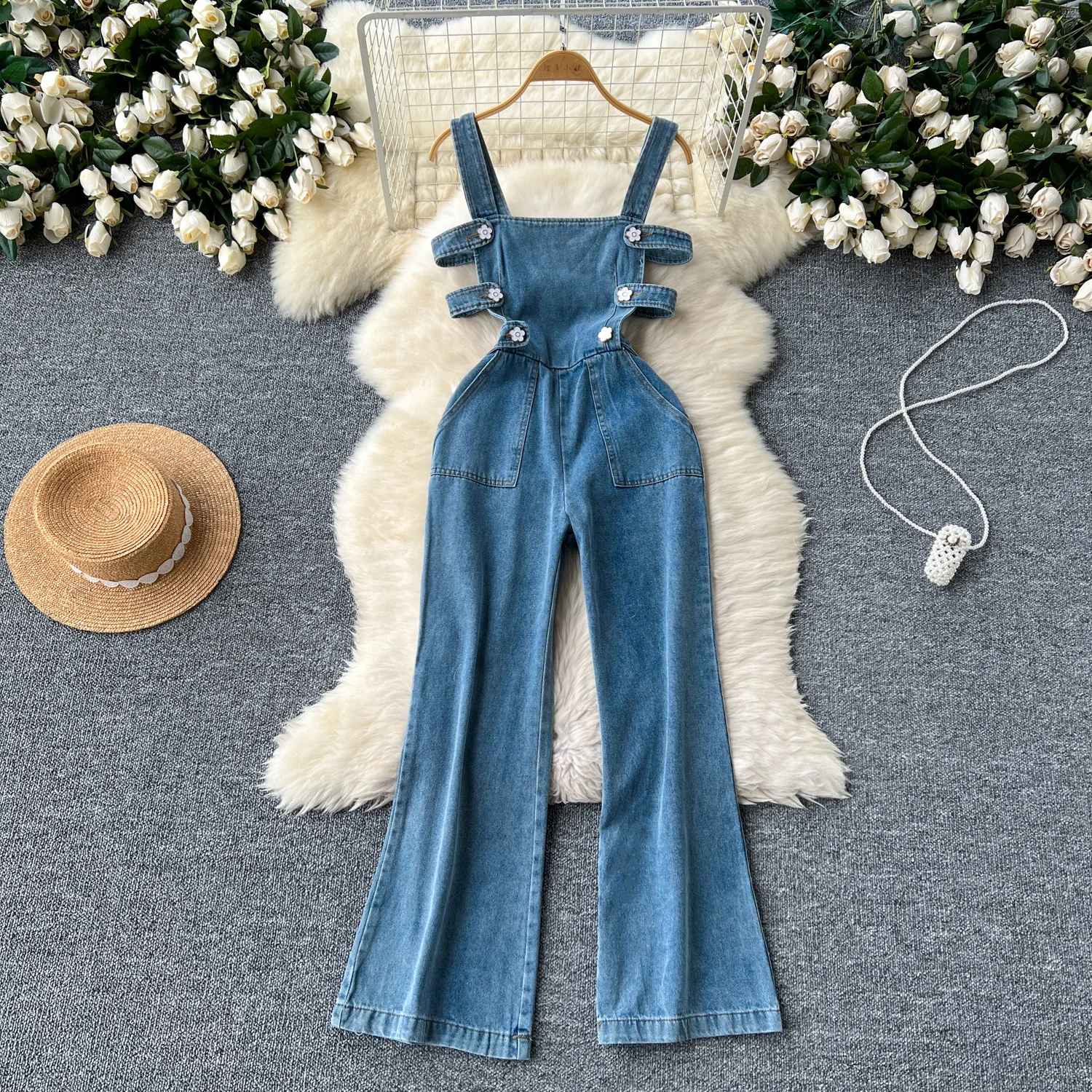 Women Summer Denim Overalls Season Hollow Out Slim Waist Wide Leg Jumpsuits Fashion Rompers Jeans Outfits