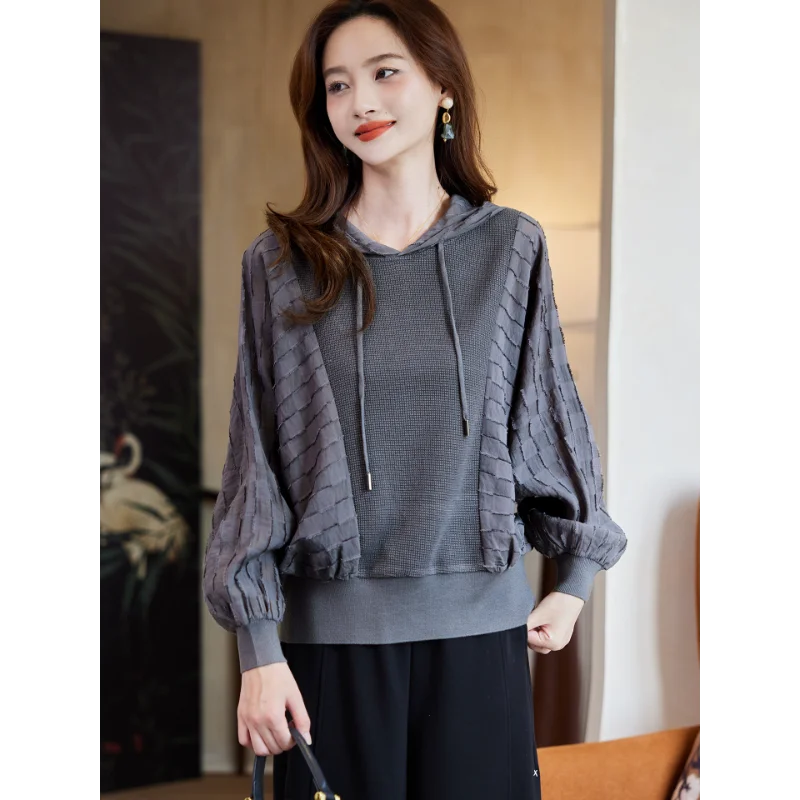 Mode Lässig Patchwork Batwing Hülse Mit Kapuze Hoodie Frauen Frühling Herbst Neue Stil Minimalistischen Vielseitig Pullover Top