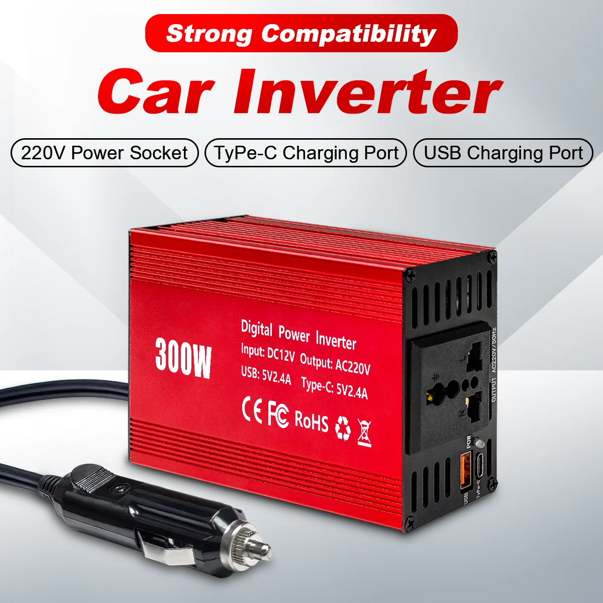 Car Power Inverter 300W Pure Sine Wave EU Socket  DC12V to AC 220V 50hz, 5V 2.4A USB Port Fast Charging Voltage Adapter