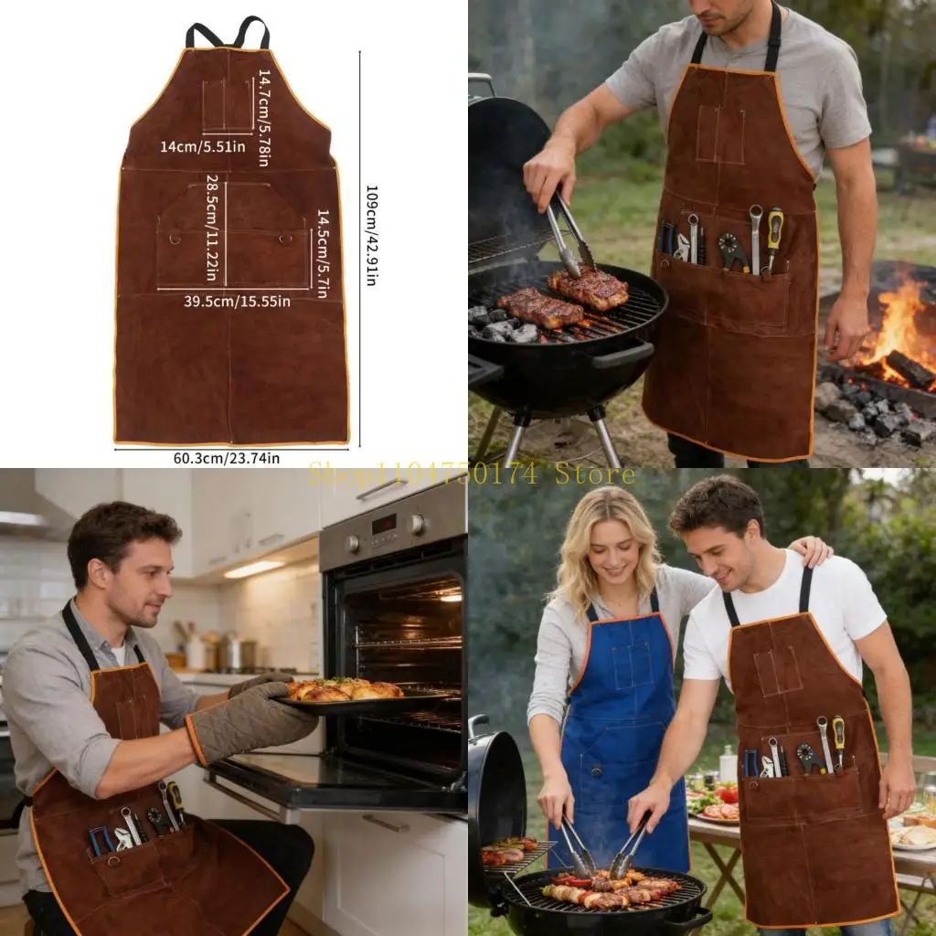 

Leather Protective Smock For Barbecue And Welding With Multiple Tool Pouches top sale