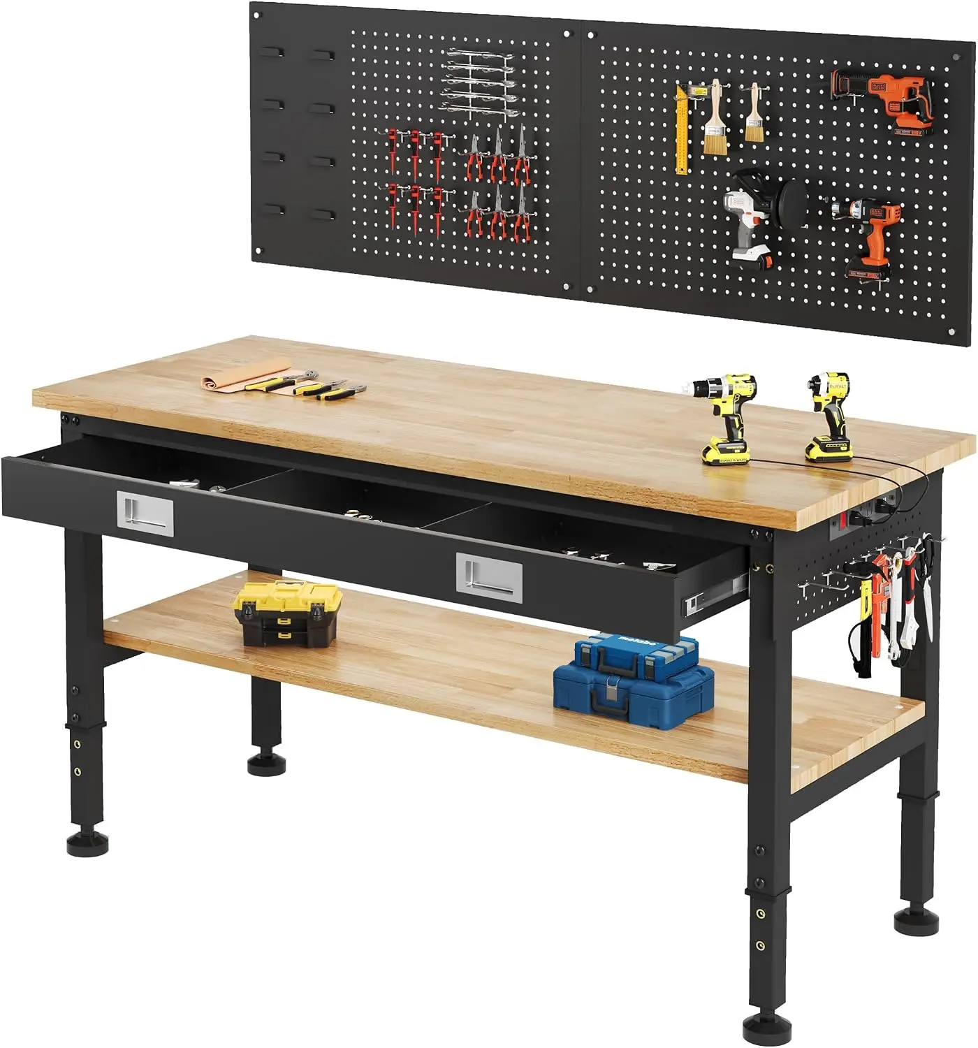 60-Inch 2-Tier Workbench with Drawer and Pegboard