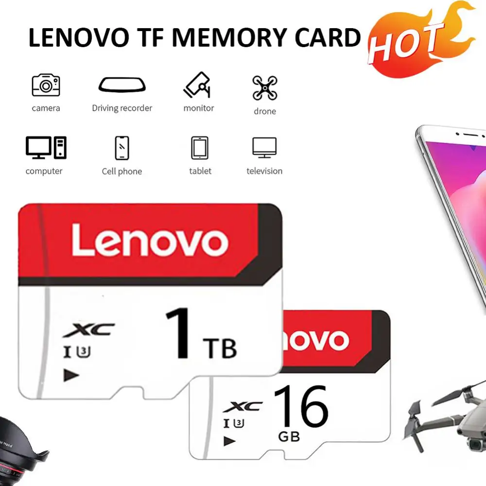 Cartão de Memória de Alta Velocidade Lenovo, Micro TF, Cartão SD, Super Compatibilidade, U3, Cartão TF, V30, 1TB, 512GB, 2TB, Compatível com SmartPhone