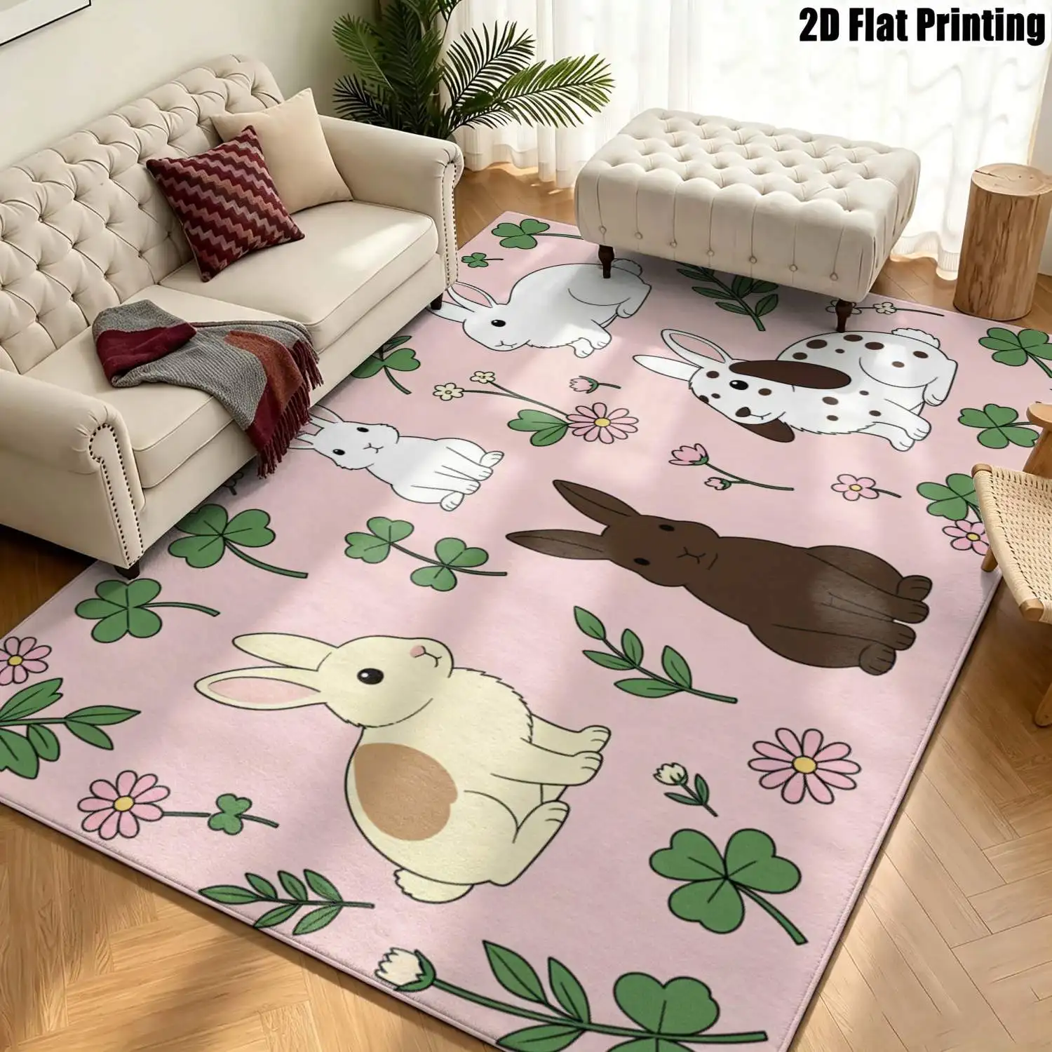 1Pc 2D Printed Carpet: Light Pink Rabbit Grass Pattern, Instagram Nordic Style Floor Mat, Machine Washable, Multi-Size for Home Decor