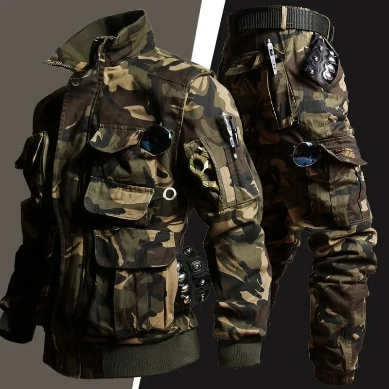 Mens Camouflage Set Multi Pocket Tactical Jacket+Hunting Cargo Pants 2-pcs Outdoors Wear-resistant Windproof Training Suit New