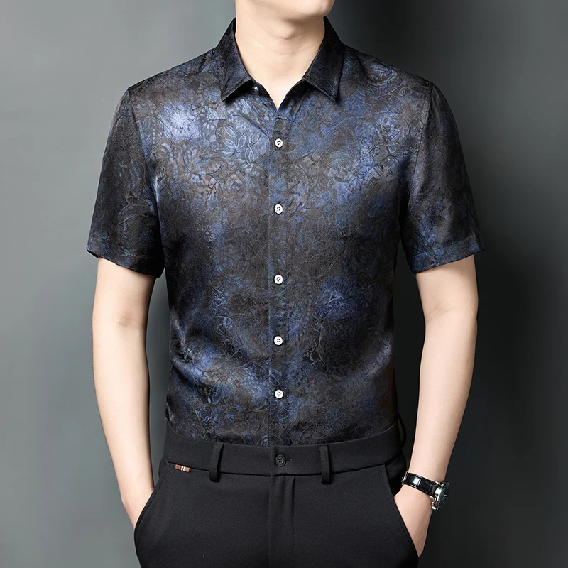 

HT0806 Skin-Friendly Shirts For Men Short Sleeve Viscose Premium Summer Coolness Comfortable Fit Quality Lapel Camisas De Hombre