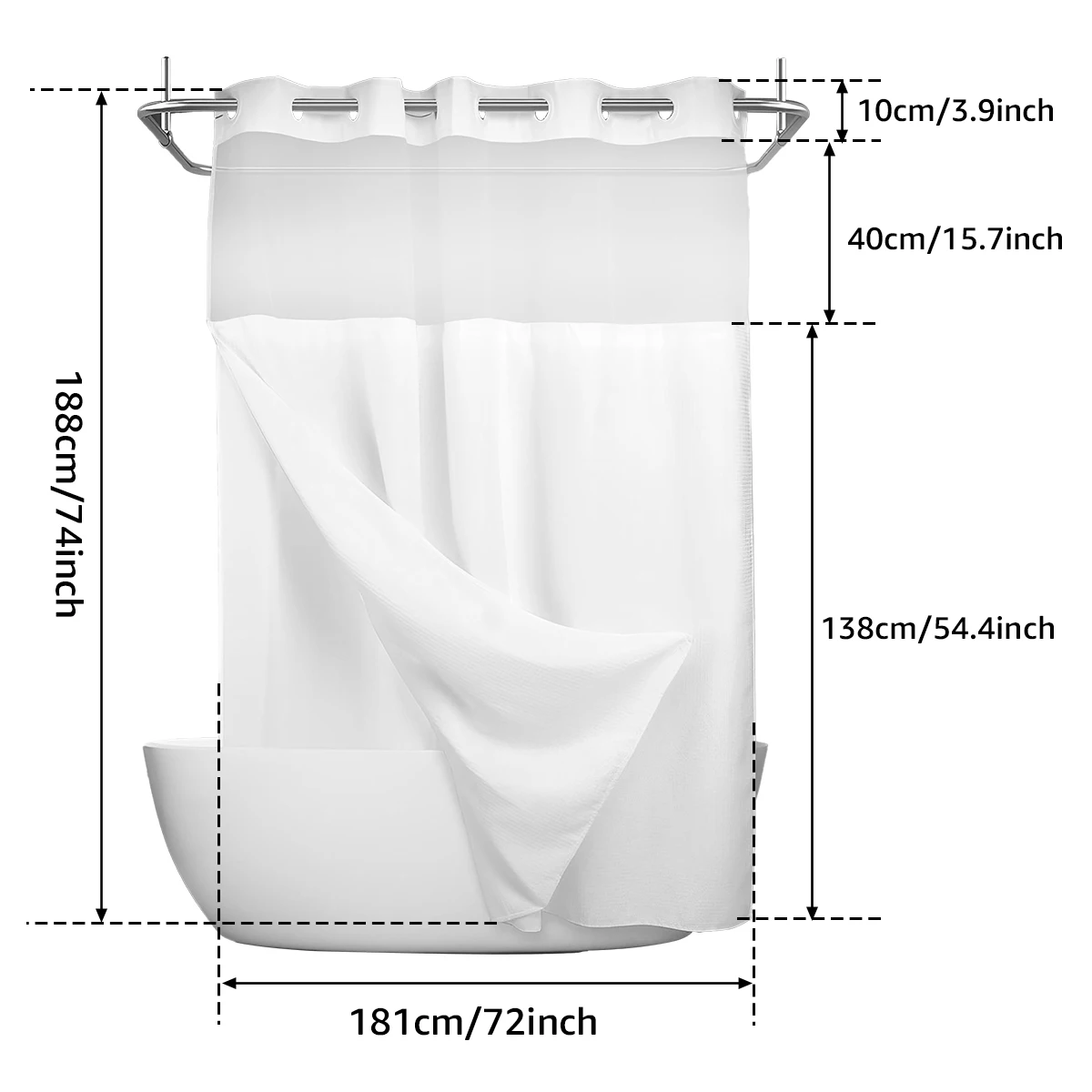 Double Layer Shower Curtain 10 Large Ring Hook Free Waterproof Bathroom Decorative with Snap-in Liner Single Layer 180x180cm