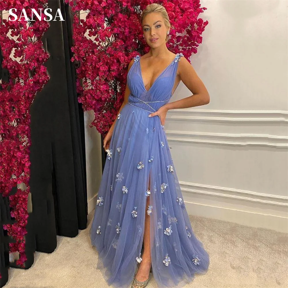 

Sansa Sweet 3D Flower A-line فساتين السهرة Glaring Blue Side Split Vestidos De Noche Sexy Sleeveless Floor Lenght Prom Dress