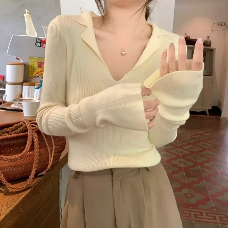 الياقات محبوك قميص المرأة البلوز سترة القمم الإناث طويلة الأكمام سليم صالح متماسكة بلوزة ربيع الخريف عادية Sueter Ligero