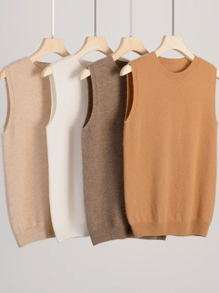 

Womens Sleeveless O-neck Basic Pullover Sweater Autumn Winter 100% Merino Wool Casual Solid Waistcoat Female Knitwear Tops E1702