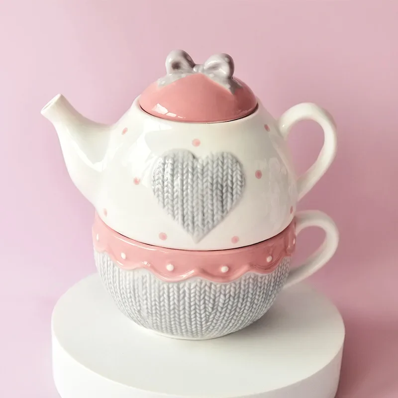 400ml Ceramic Tea for One Set Kawaii Bowknot Teapot Tea Cup Set Pink Wool Knitting Coffee Mug Microwave Safe