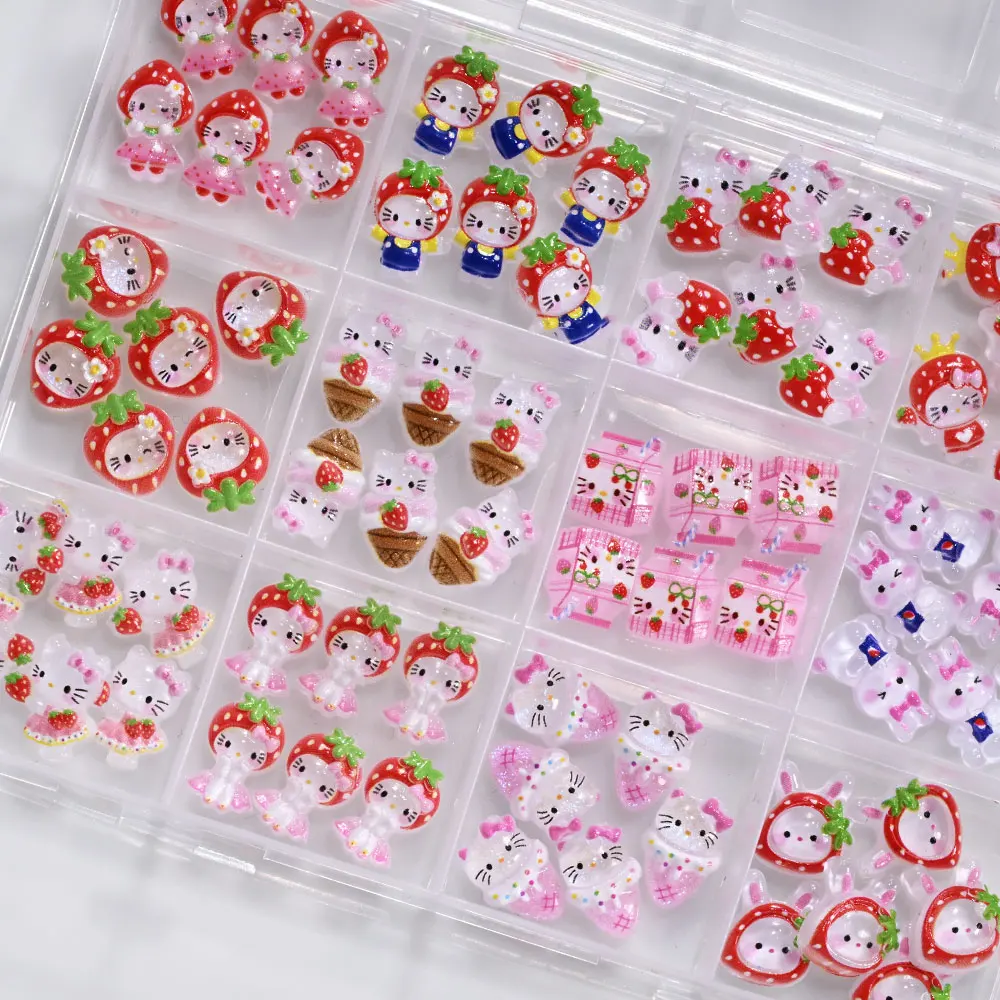 72 szt. Urocze błyskotki do paznokci w kształcie truskawek Hello Kitty, truskawkowy kapelusz, lodowy, półprzezroczysty brokat, sukienka, ozdoby do paznokci z kotem KT