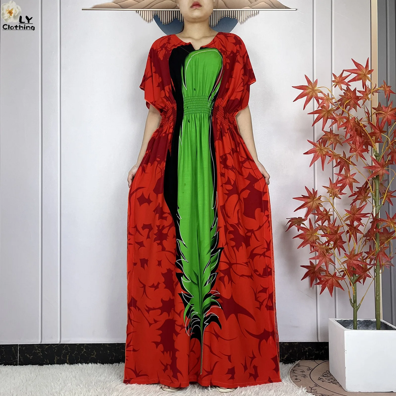 Latest Abaya Women Dashiki Cotton Fashion Printing Dress Short Sleeve Collect Waist Straight Muslim Dresses For Women Clothing