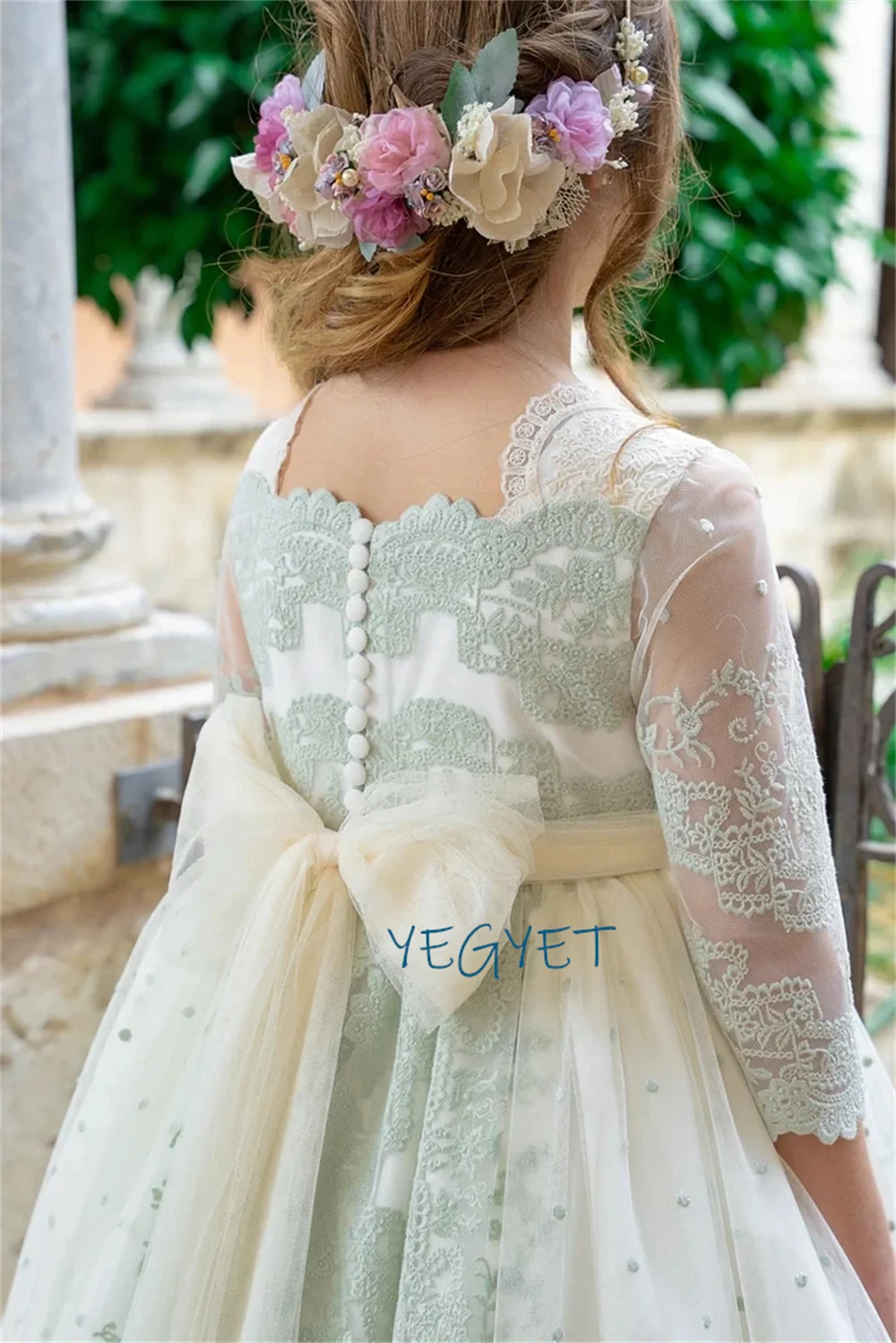 Tulle Embroidered with Moles and Aquamarine Green Communion Dress Floral Details in the Middle Ribbon Tulle Belt