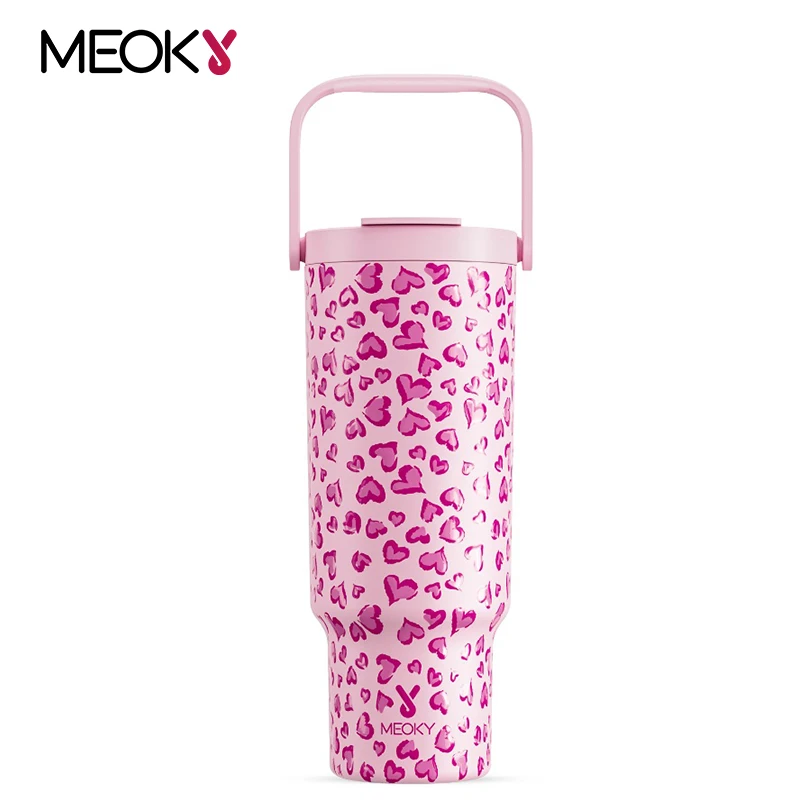 

Meoky 40oz/1182ml Insulated Handle Mug Loves Prints Long-Lasting Temperature Retention Stainless Steel Leaf-Proof Tumbler Mugs