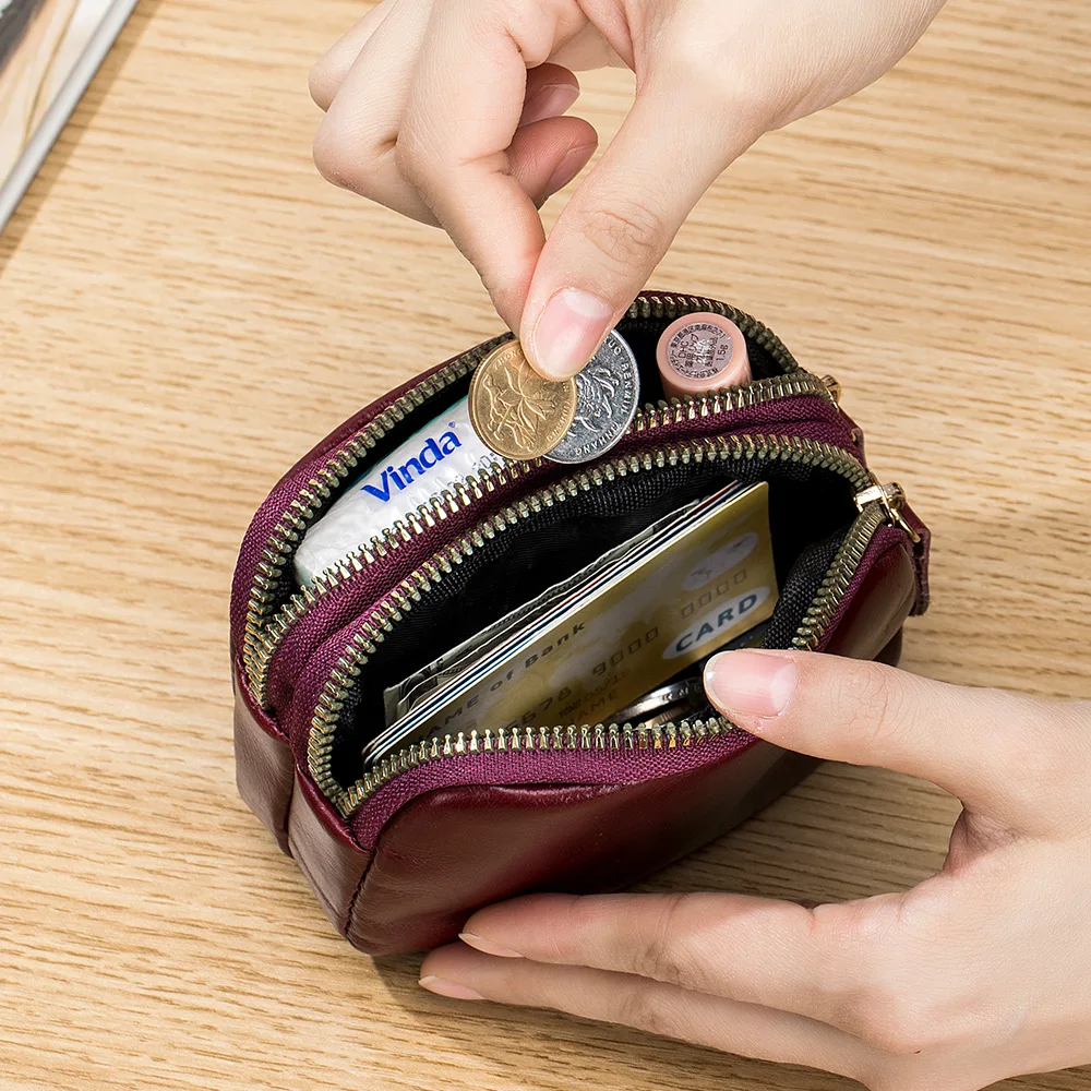 Couro duplo zíper carteiras portáteis bolsa para mulheres, titular do cartão, batom estojo, mini couro, troca de fone de ouvido, bolsa feminina