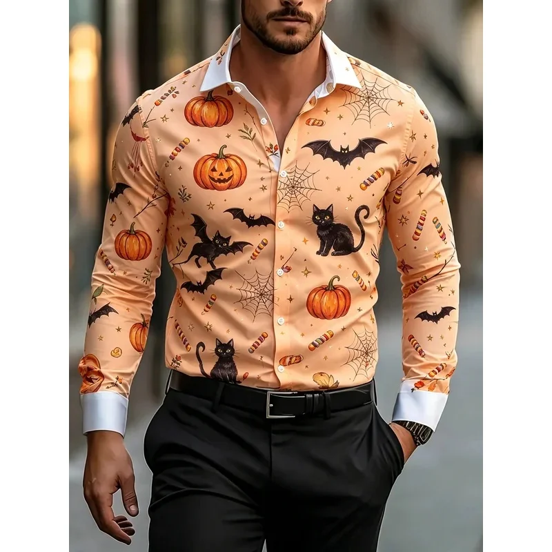 Men's Off White Watercolor Halloween Pumpkin Bat Print Long Sleeve Shirt Casual Turn Down Collar Button Shirts