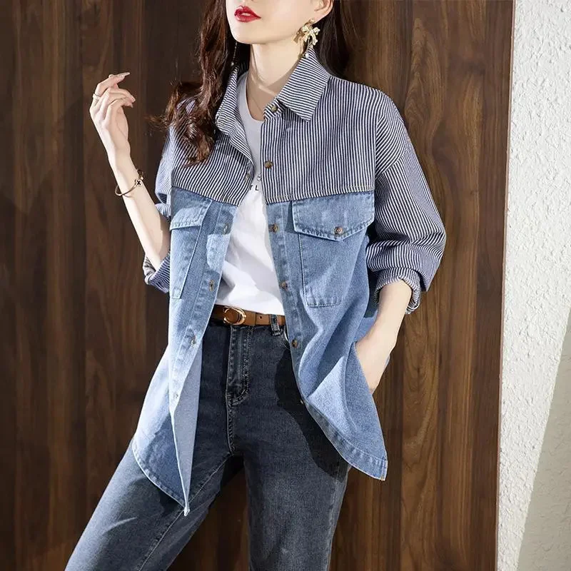 

Модная джинсовая рубашка с вышивкой, женская весенне-осенняя новая ковбойская рубашка, повседневные куртки в западном стиле, полосатый топ с длинными рукавами, женский