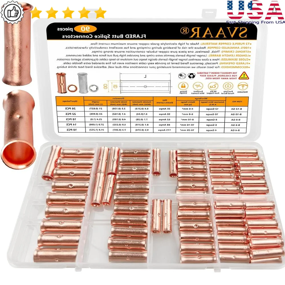 

90 шт. неизолированные стыковые соединители 4-12 AWG, медные обжимные клеммы для припоя, расклешенный бесшовный ствол с высокой проводимостью