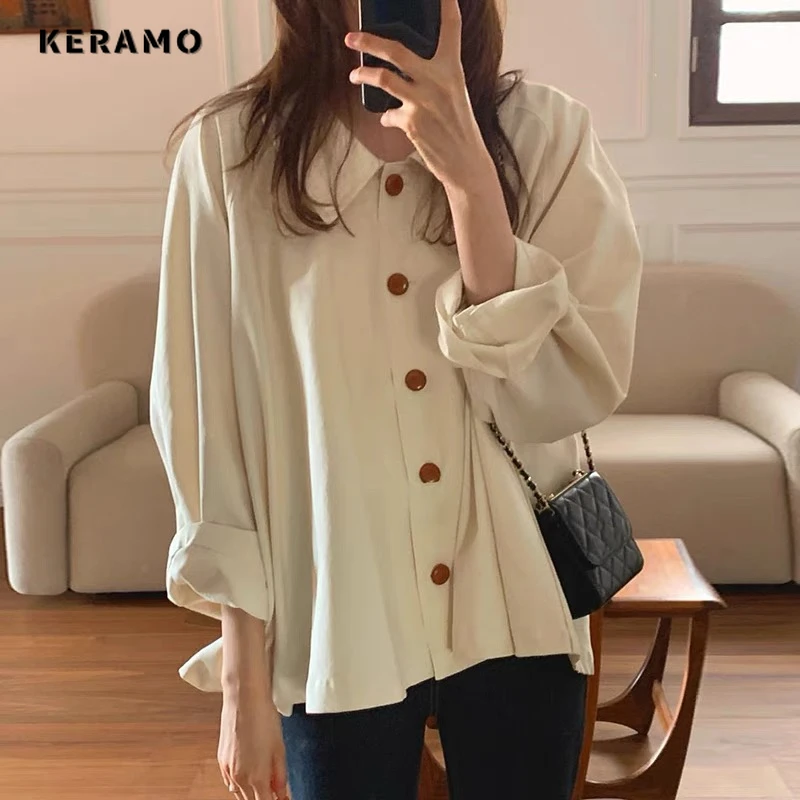 Vintage Elegant Style Peter Pan Collar Solid Color Simple Blouses 2024 Spring Women Office Lady Loose Long Sleeve Chiffon Shirts