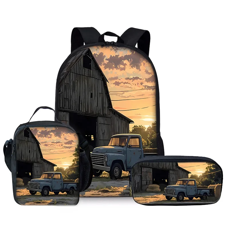 Trendy Popular Novelty Sunset car 3D Print 3pcs/Set Student School Bags Laptop Daypack Backpack Crossbody Lunch bag Pencil Case