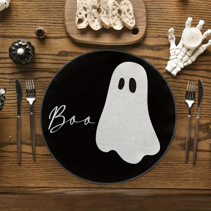 VIKAMA Simple Black and White Boo Ghost Placemat - Round Linen Insulated Mat, Cute Halloween Table Decoration