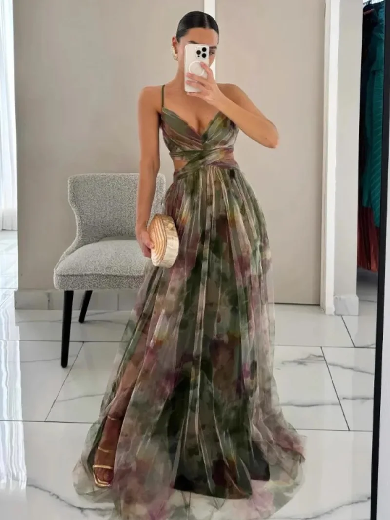 Sexy Hollow Out Party Dress, Women Summer Loungewear Fashion Printing Maxi Dress, Sleeveless Lace-Up Ladies Dress Vestido T64F
