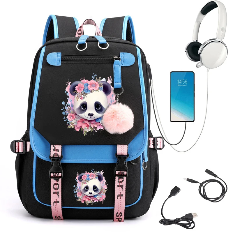 Cute Panda Shool Backpack, Bagpack feminino, Carregamento USB, Mochilas escolares da faculdade, Adolescente Meninas Laptop Bag, Moda