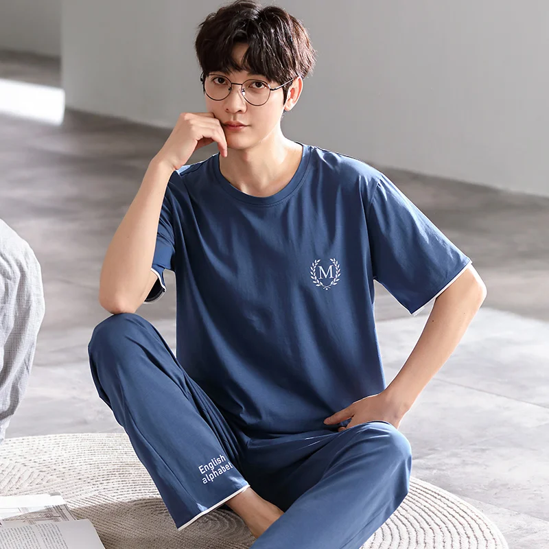 Summer Men Pajamas Set Modal Cotton Sleepwear Night Suit Casual Short Sleeve Long Pants Pyjamas Big Yards Letter Homewear 3XL