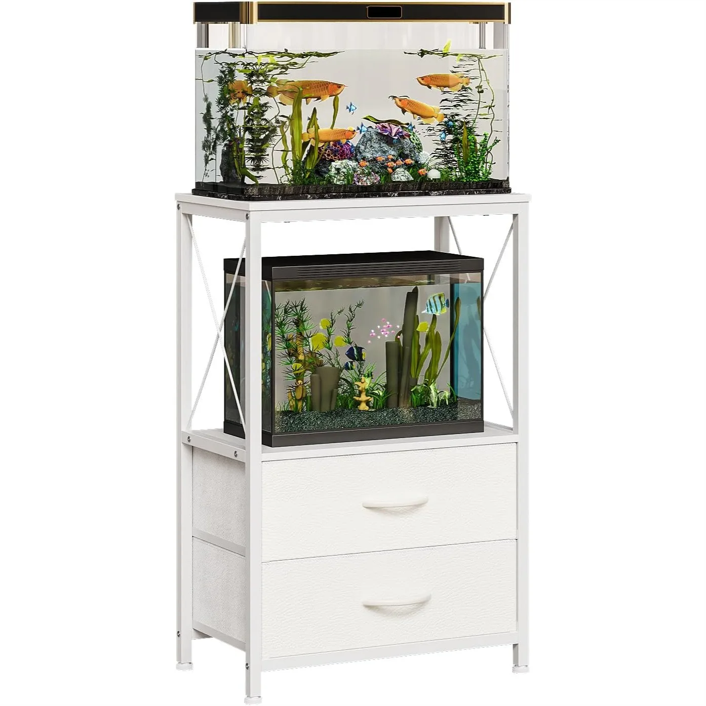 

Fish Tank Stand 10 Gallon with 2-Tier Shelf, 2 Drawers, Heavy Duty Metal Frame for Aquarium Reptile Turtle, Home Office Storage,