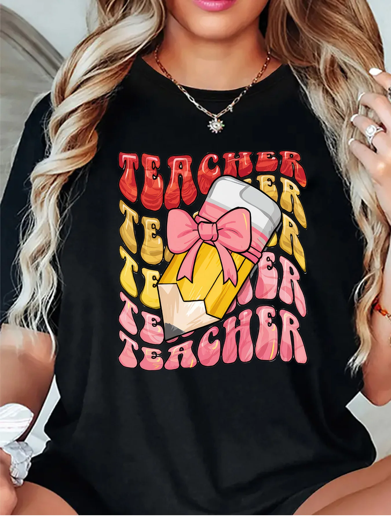Groovy Teacher Pencil Pink Bow Retro Letter Art Graphic Womens T Shirt Short Sleeve Crew Neck Daily Casual Ladies Tee Tops