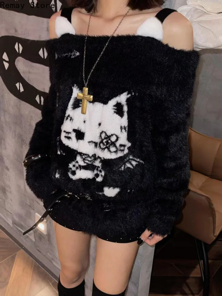 Autumn Winter Sweet Y2K Gothic Dark Off Shoulder Fold Knit Sweater Women Cat Print Trim Loose Design Lolita Party Korean Outfits
