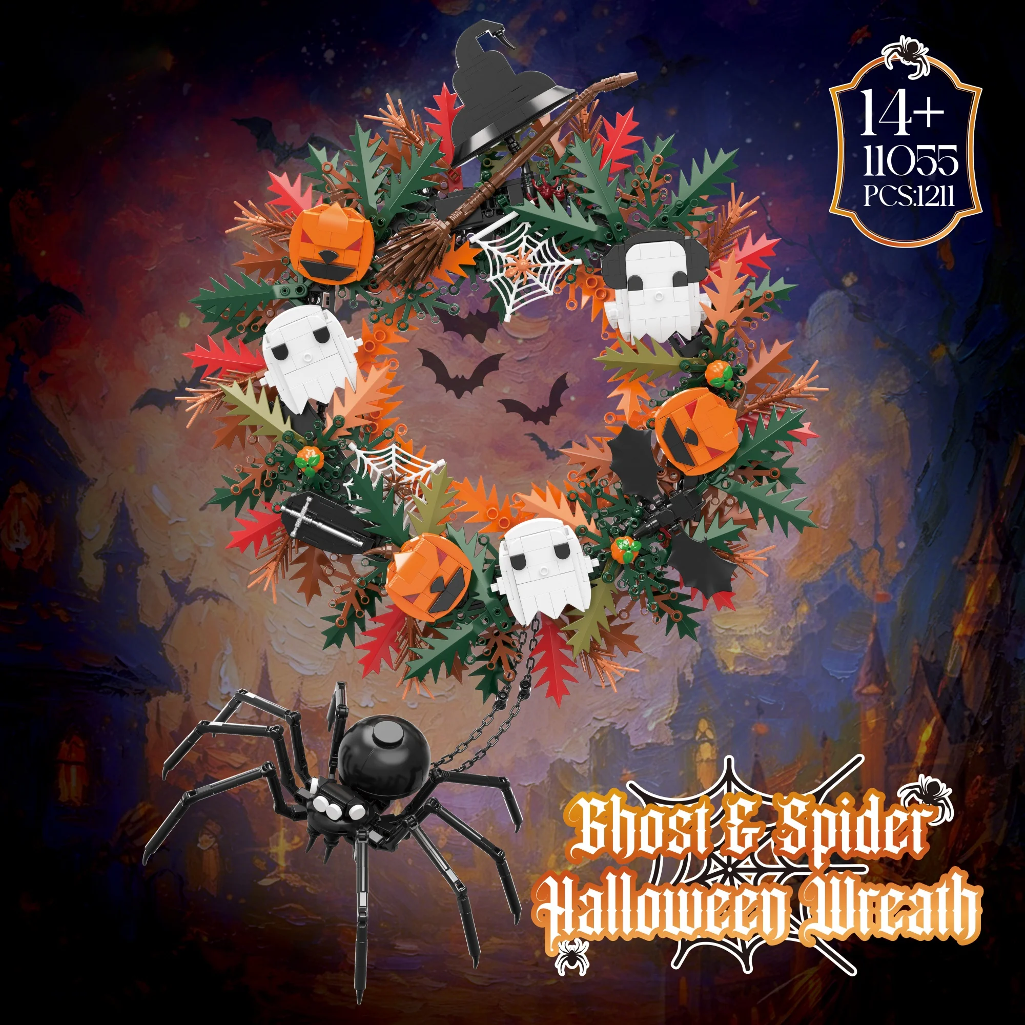 1211pcs Night Spider Shadow Wreath Building Blocks Desktop Ornament Ghost Spider Halloween Wreath Bricks Toys for Adults Gifts