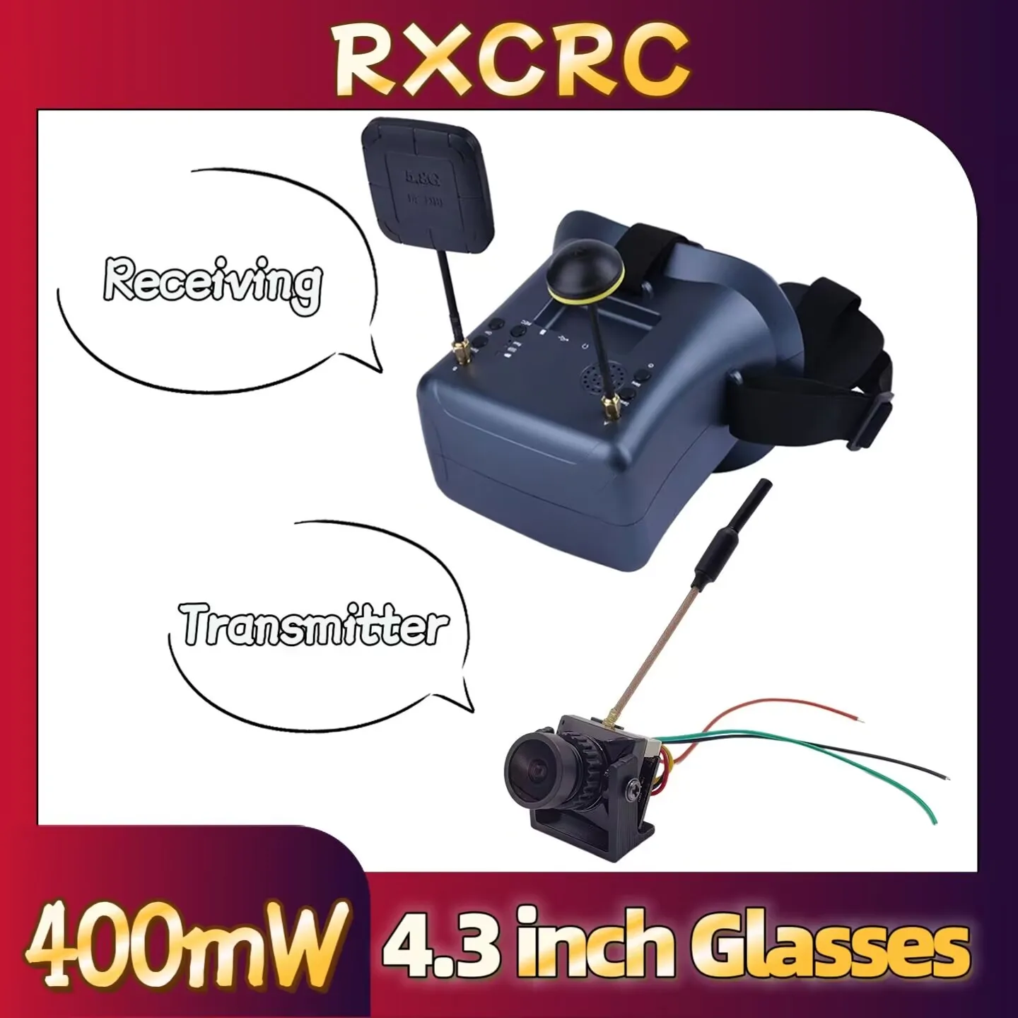 RXCRC 5.8G 400mW VTX Transmitter Camera 1500TVL 2.1mm 135°fov FPV 4.3 inch 40CH DVR glasses,For RC Multicopter FPV Drone Part.