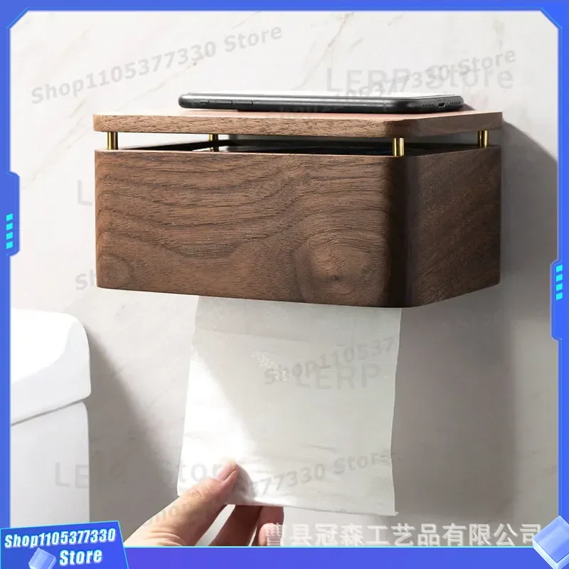 Black Walnut Solid Wood Tissue Box Wall Mounted No Punching Bathroom Hand Towel Holder Creative Hanging Paper Dispenser