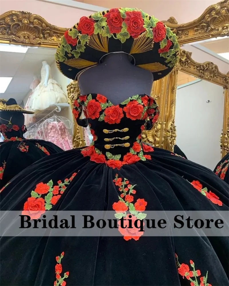 Black Mexican Ball Gown Quinceanera Dresses 2023 With Cape Flowers Appliques Luxury Sweet 16 Dress Vestidos De Xv Años Lace-Up