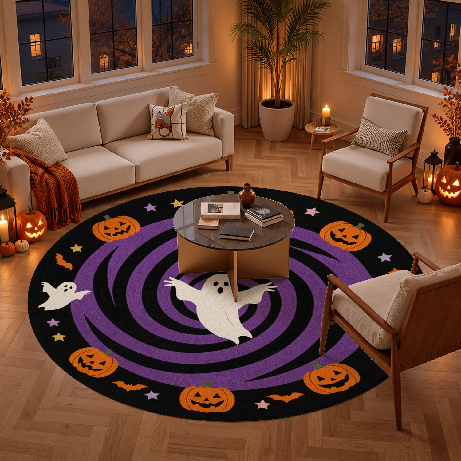 Halloween Ghost Pumpkin Bat Spiral Pattern Round Velvet Rug, Machine Washable Soft Floor Mat for Living Room Bedroom Entryway Dining Area, Ideal for Halloween Thanksgiving Black Friday Christmas New Year Holiday Decoration