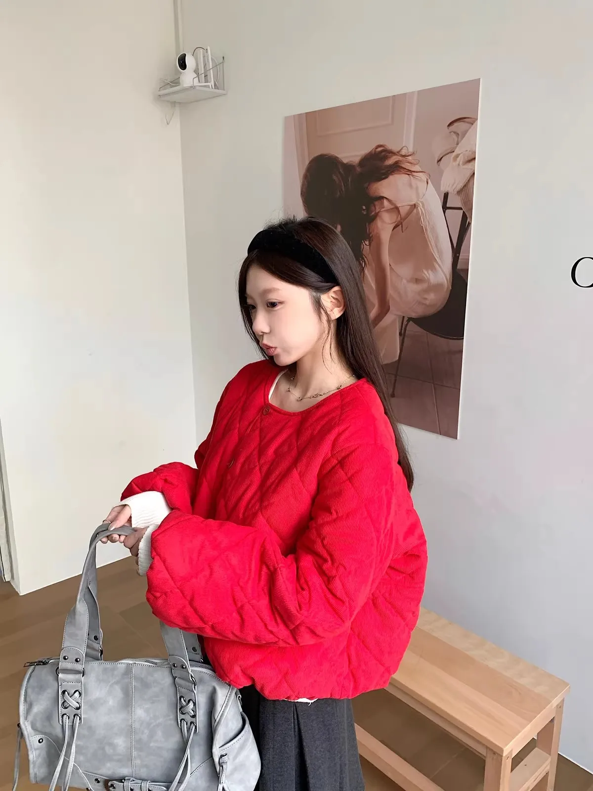 

New Year Red Diamond Pattern Cotton Jaet ort Casual Women's Coat Spring Warm Cotton Padded round Ne Single Button