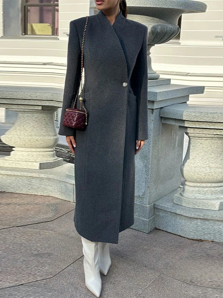 أنيقة زر معطف طويل المرأة الصلبة ضئيلة كم كامل الوقوف طوق جيوب عدم التماثل معاطف الإناث أزياء الربيع أبلى