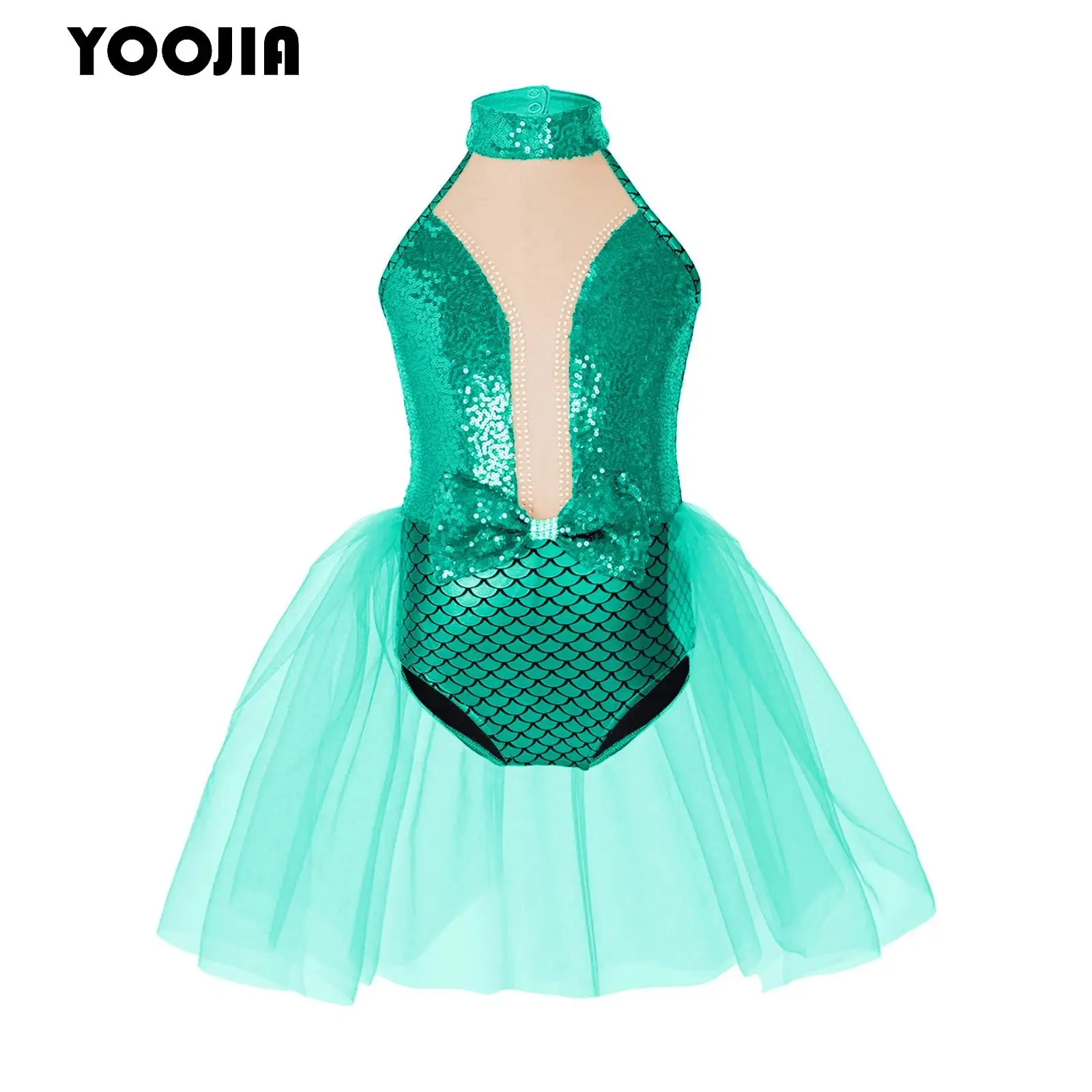Mermaid Dress for Kids Girls Ballet Leotard Tutu Dress Fish Scales Print Sequin Tulle Skirted Jumpsuit Ballerina Princess Jersey