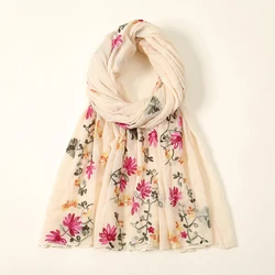 Plain Flower Embroidery Hijab Scarf Viscose Muslim Hijab Shawls Women Soft Long Towel Wraps Elegant Casual Heabscarf Turban