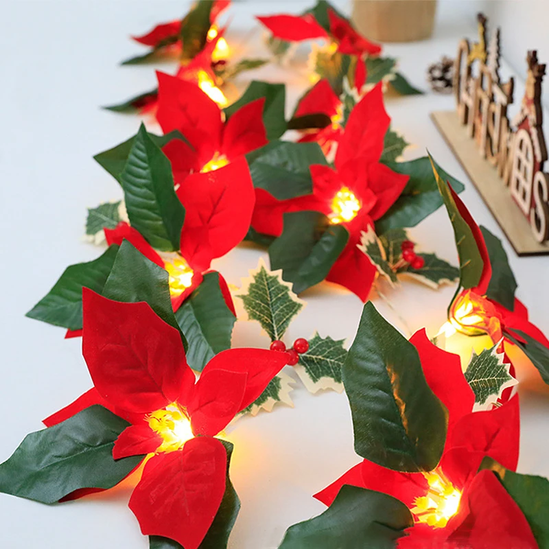 

Christmas Artificial Flowers String Lights Xmas Berry Holly Leaves Garland Lighting String New Year Holiday Lighting Decoration