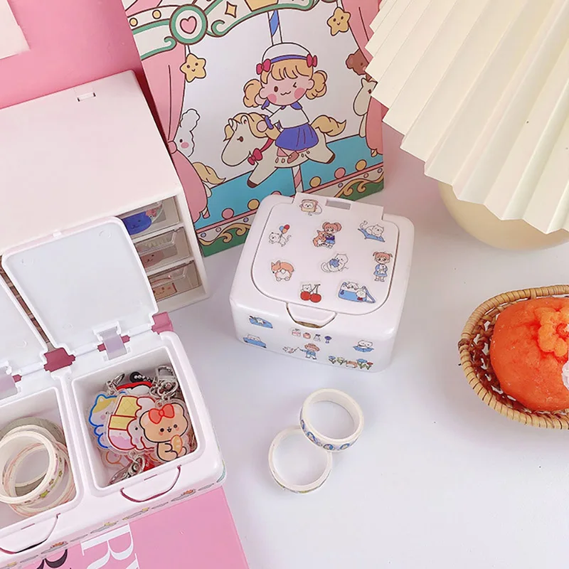 1PC Cute Plastic Button Desktop Storage Box Jewlery Organizer Case With Lid Sticker