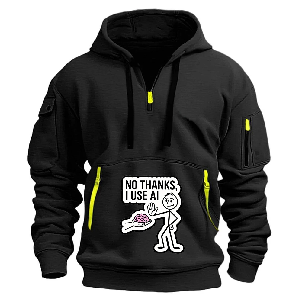 NO THANKS I USE AI Funny 2026 Latest Men's Printed Hoodie Casual Retro Sports Pullover Zipper Long Sleeved Multi Hoodies