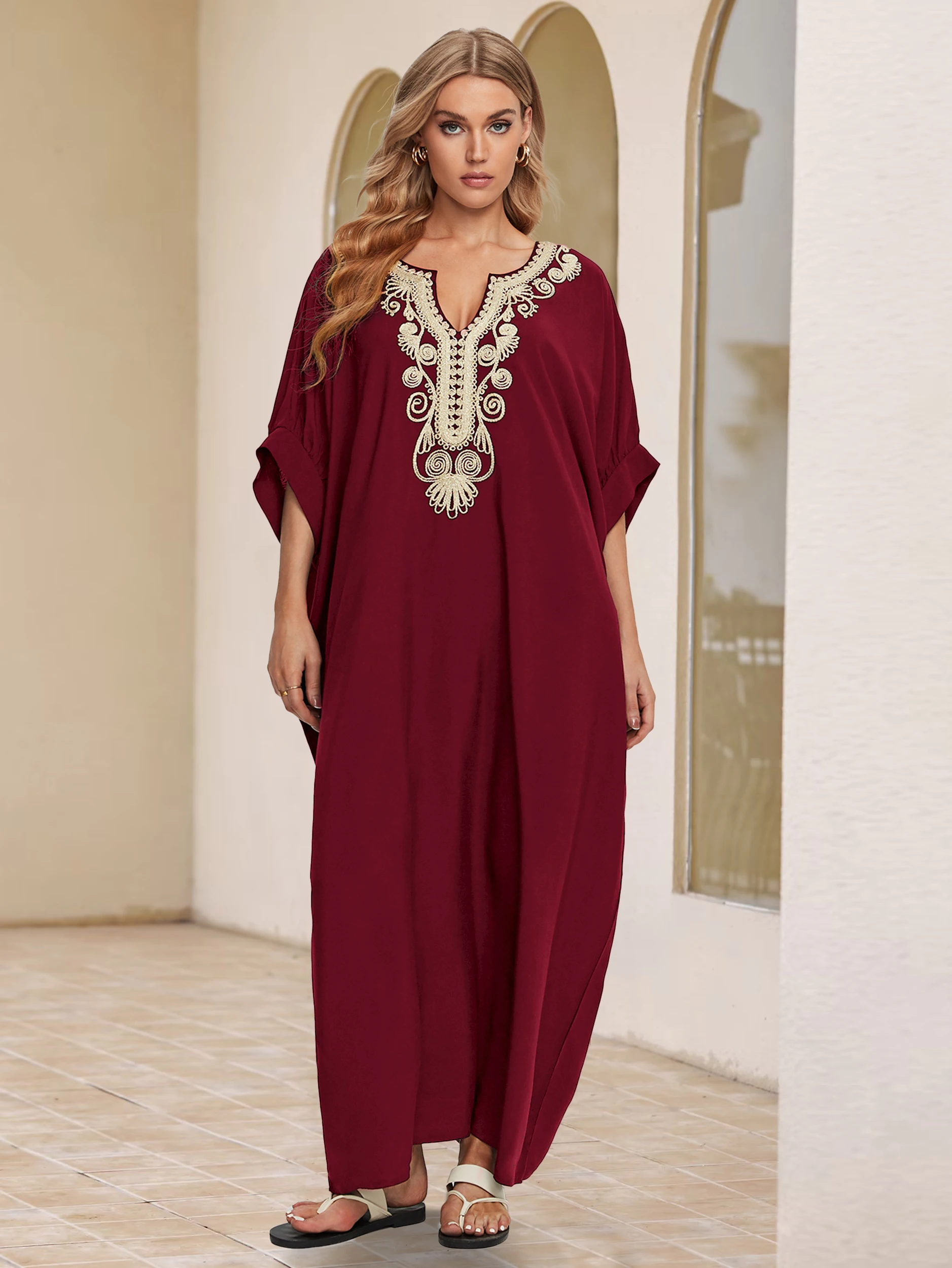 Summer Beachwear Black V-neck Embroidery Women Plus Size Kaftan Retro Elegant Beach Dress Swimsuit Cover-ups Loose Robe Q1631