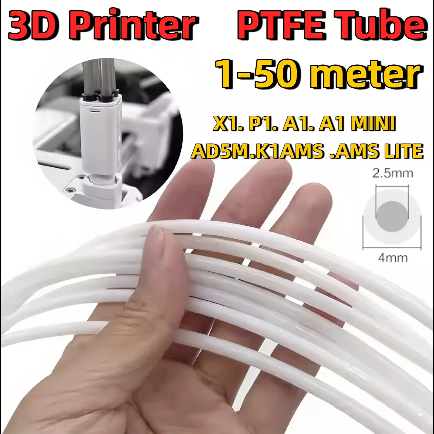 wholesale 1-100 meters ID2.5mm OD4mm for Bambu Lab P1P AMS A1 mini 3D Printer PTFE Tube Teflonto Pipe Bowden Extruder Bam 1