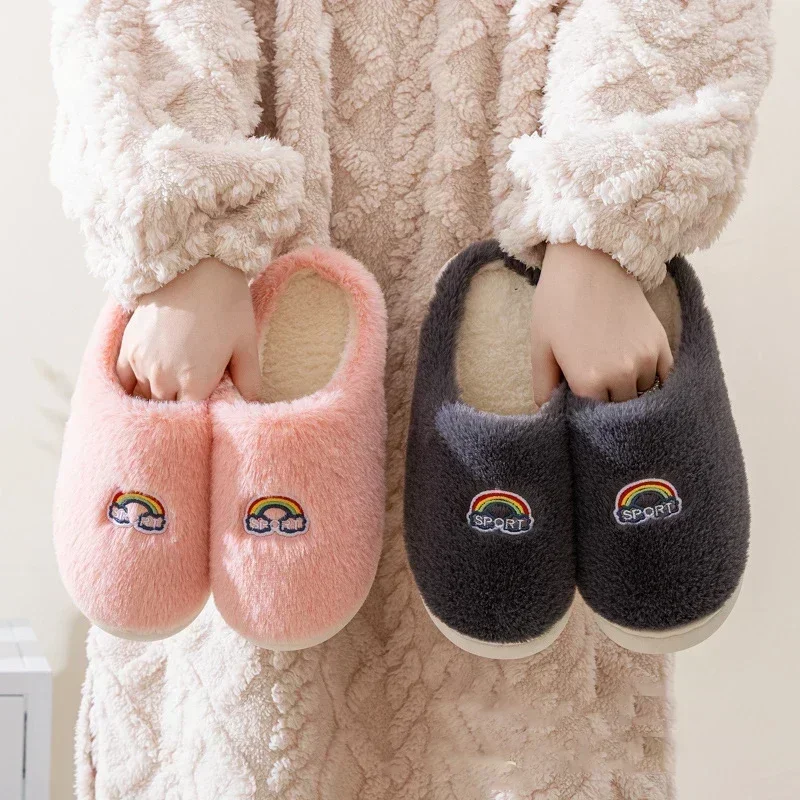 Winter Fleece Slippers Schattige Regenboog Warme Anti-Slip Huis Katoenen Schoenen Comfortabel En Zacht Platform Dikke Onderkant Paar Slippers