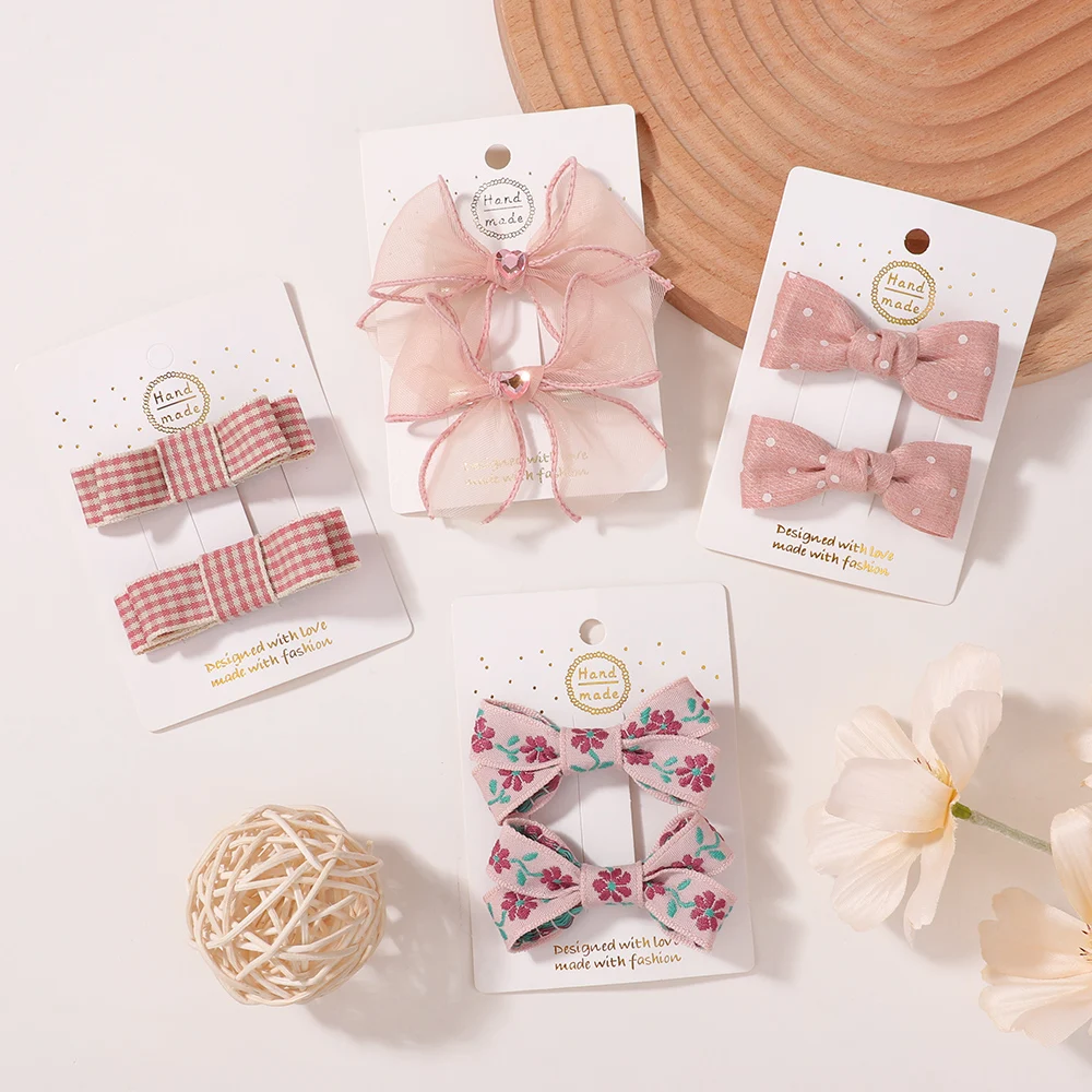 2pcs/set Pastel Pink Lace Bowknot Striped Plaid Hair Clips for Women Girl Sweet Flower Half Clip Side Hairpin Heart School Style