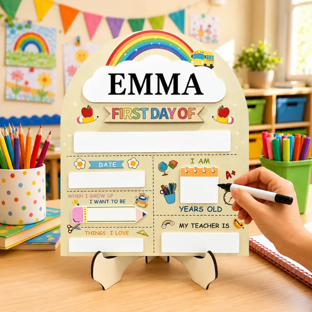 Personalized Name First Day of School Wooden Sign with Stand, Custom Kids Back to School Milestone Photo Prop